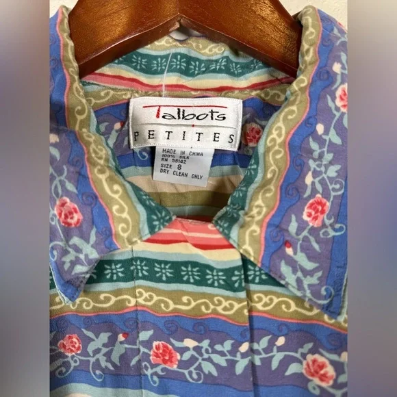 Vintage TALBOTS PETITES PURE silk STRIPED FLORAL BUTTONED Dress Size 8 w/ belt - Picture 3 of 7